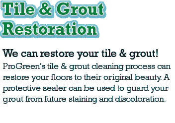 Tile & Grout Restoration Toronto ProGreen's tile and grout cleaning process can restore your floors to their original beauty. A protective sealer can be used to guard your grout from future staining and discoloration.